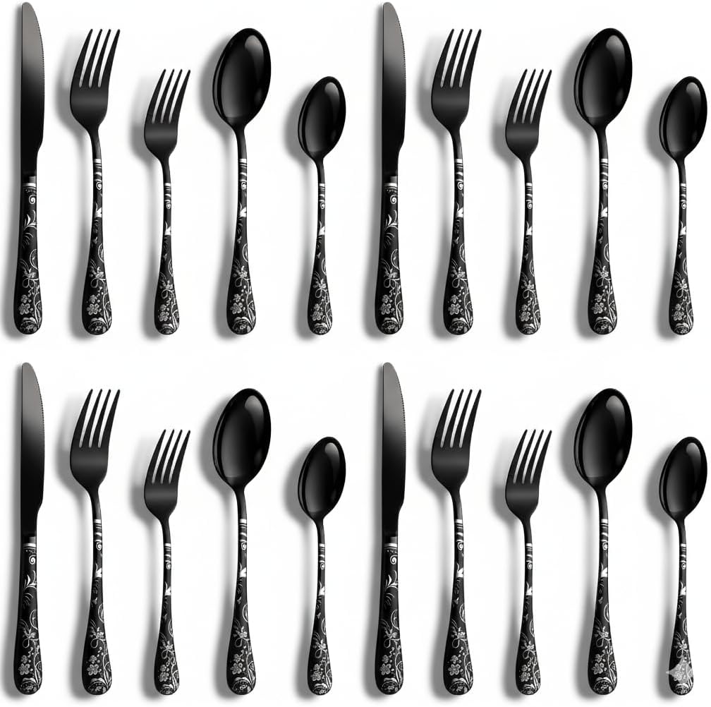20-Piece Black Silverware Set, Stainless Steel Flatware Set for 4 ? Matte Black Cutlery with Dinner Spoons, Forks, Knives, Dessert Spoons & Salad Forks, Dishwasher Safe