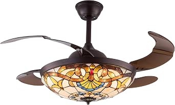 42" Retractable Ceiling Fan, 3 Color 3 Speed Retractable Ceiling Fan with Lights and Remote, with Retractable Blade for Living Room Bedroom Dining Room