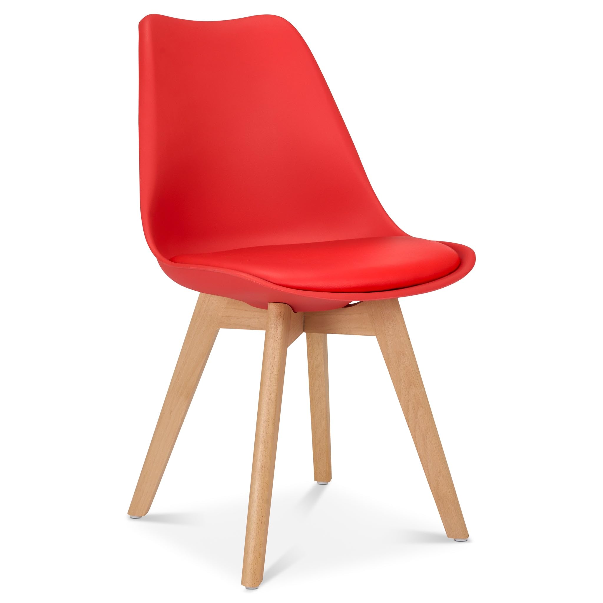 Bravich Rocco Dining Chair with Cushion Pad Seat, Red Plastic Kitchen Chair with Wooden Legs, Modern Single Accent Chair for Dining Room, Bedroom, Dressing Table and Vanity