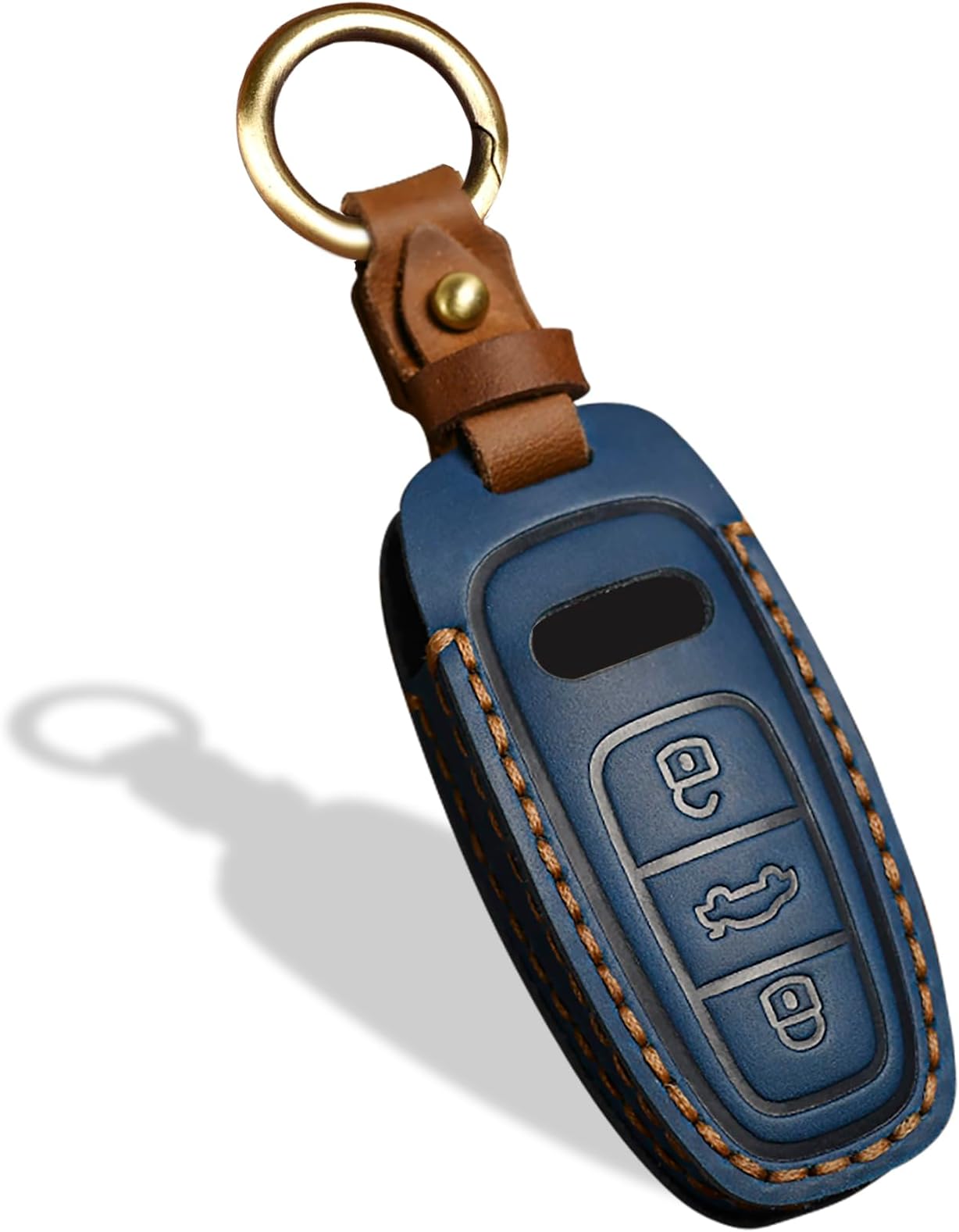 Screws-Free Genuine Leather Key Fob Cover, Fit for Audi A3 A6 A6L A7 A8 Q7 Q8 E-Tron S3 S6 S7 SQ7 RS6 RS7,etc, Leather Smart Remote Key Protector, 3 Buttons, C Style, Blue