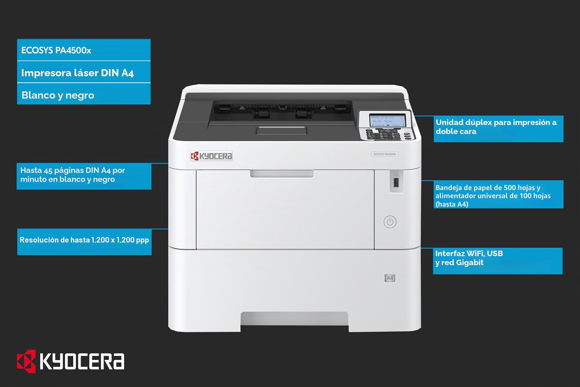 Kyocera Ecosys PA4500x/Plus - Impresora láser (45 ppm, 45 ppm, Gigabit LAN), Color Negro y Blanco