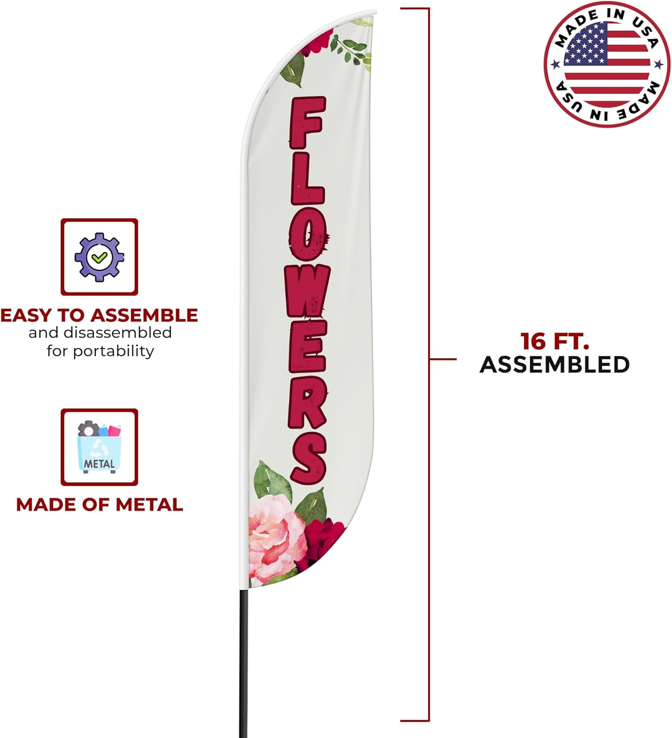 Flowers Sign Feather flag Pole Mount for Outdoor by Mavis Print | 11.5 FEET Long Polyester Outdoor Banner Flag Pole Kit for Easy Hang | HD Print Swooper Flag Pole Stand for Valentine's Day | US Made