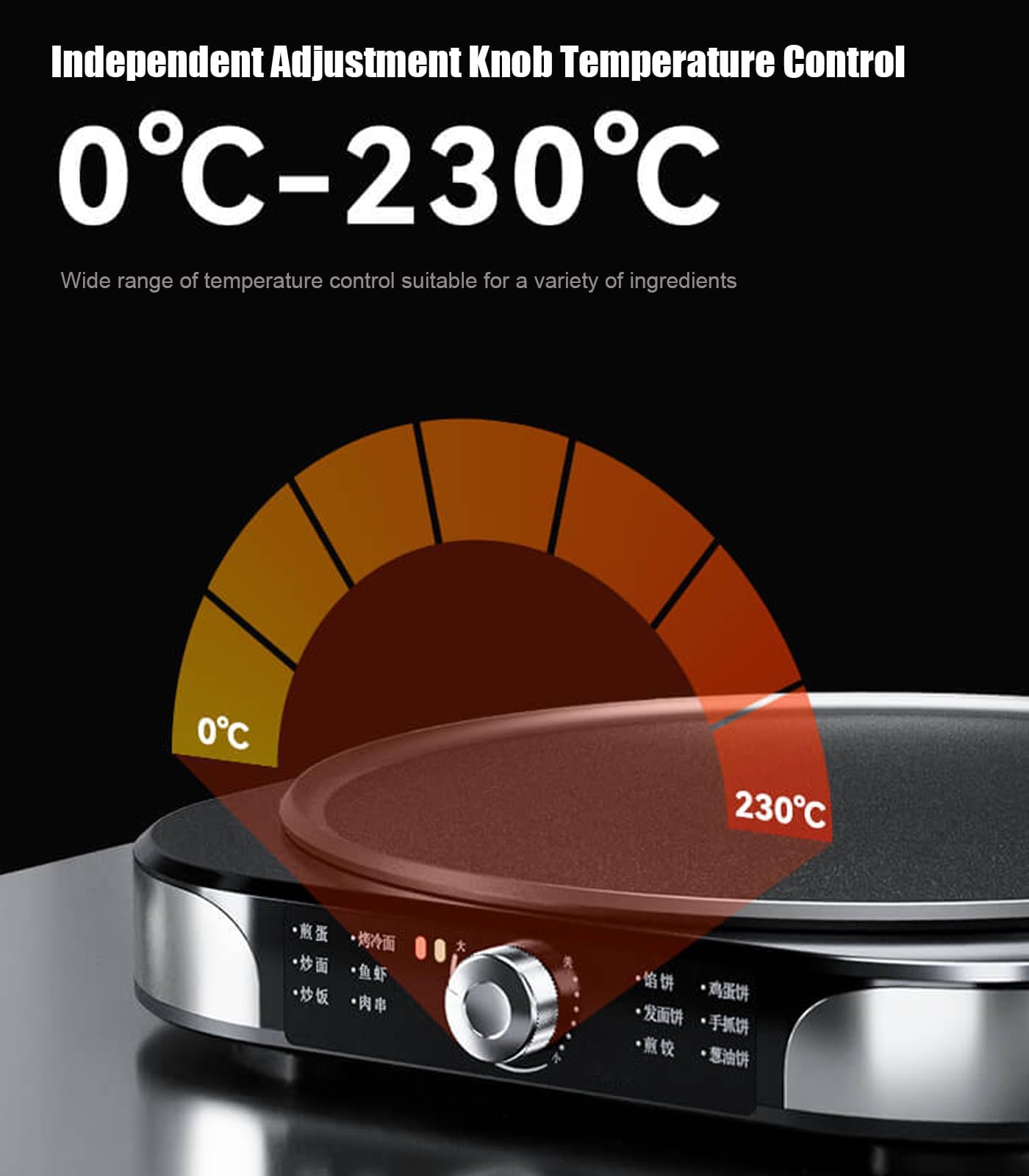 Crepera eléctrica de 40 cm con control de temperatura ilimitado, plancha antiadherente de 2200 W para panqueques, chapati, huevos, pizza y más, plegable para un fácil almacenamiento