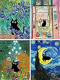 Adult & Kids 5D Diamond Painting Set - 4 Pieces, Round Diamond Digital Painting Kit, DIY Beginner Black Cat Diamond Art Kit, Matisse Van Gogh Living Room Bedroom Decoration (11.8x15.7)