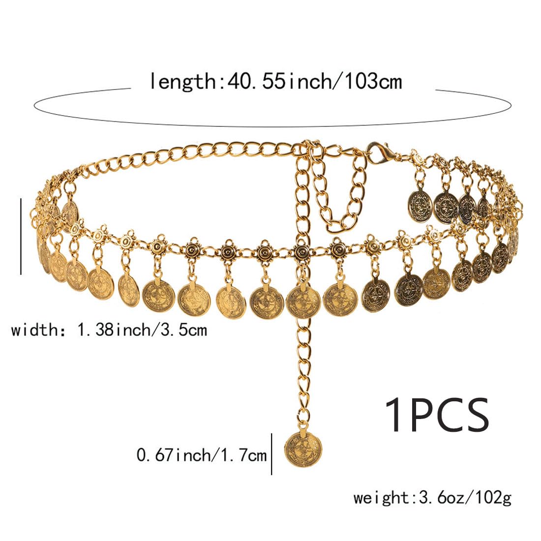 Cadenas de cuerpo,Estilo étnico de la cadena de la cintura de una sola capa corsé de la falda de la cadena de la cintura, Oro (103CM)