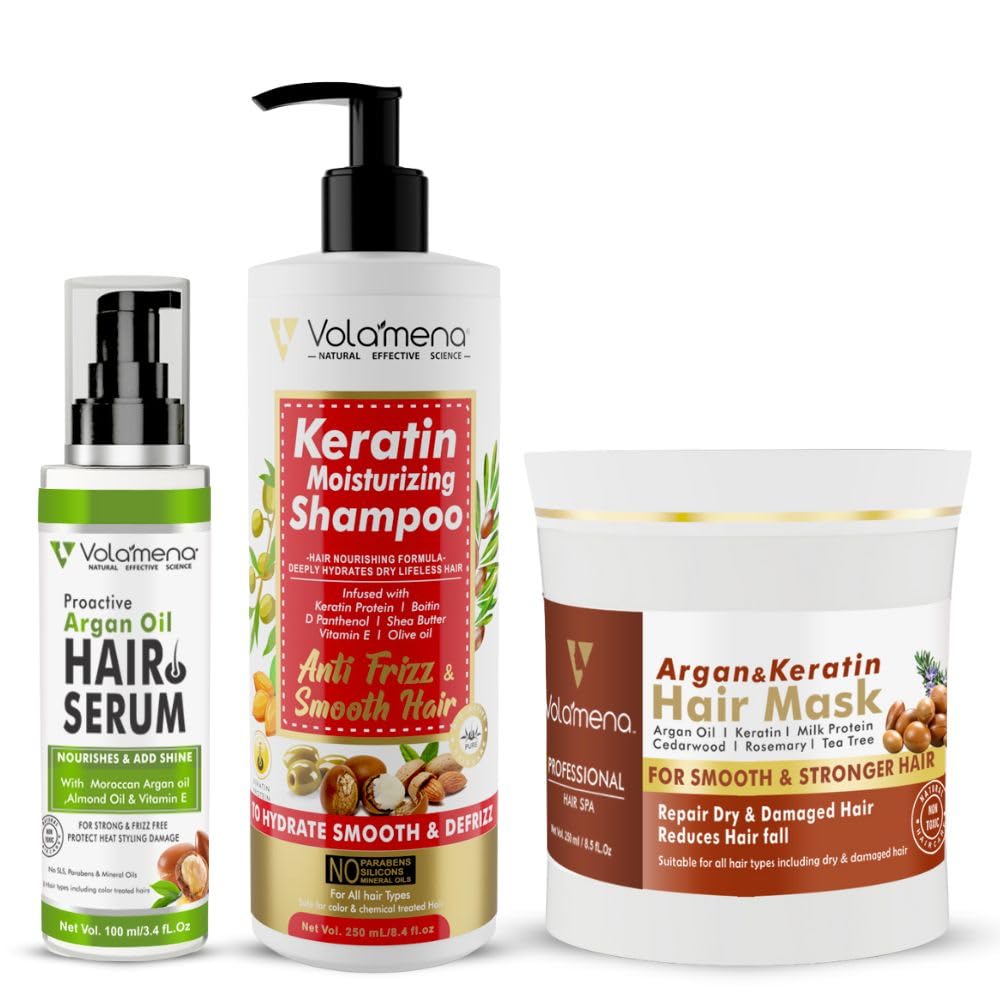 Volamena Hair Repair Care Combo With Keratin Hair Shampoo 250ml, Argan & Keratin Hair Mask 250ml, Argan Hair Serum 100ml | For Smooth & Stronger Hair | Protect For Heat & Styling Damaged | Sulphate & Paraben Free | For Both Men & Women-picture-38