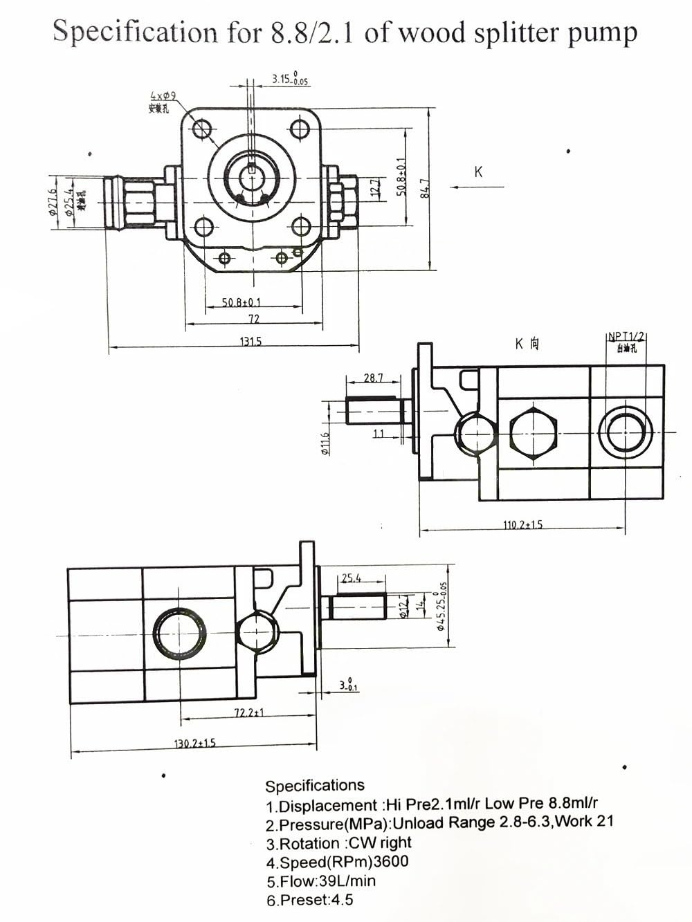Rozdzielacz kłód hydrauliczna pompa zębata CBNA 8.8 2.1J X8.8 2.1