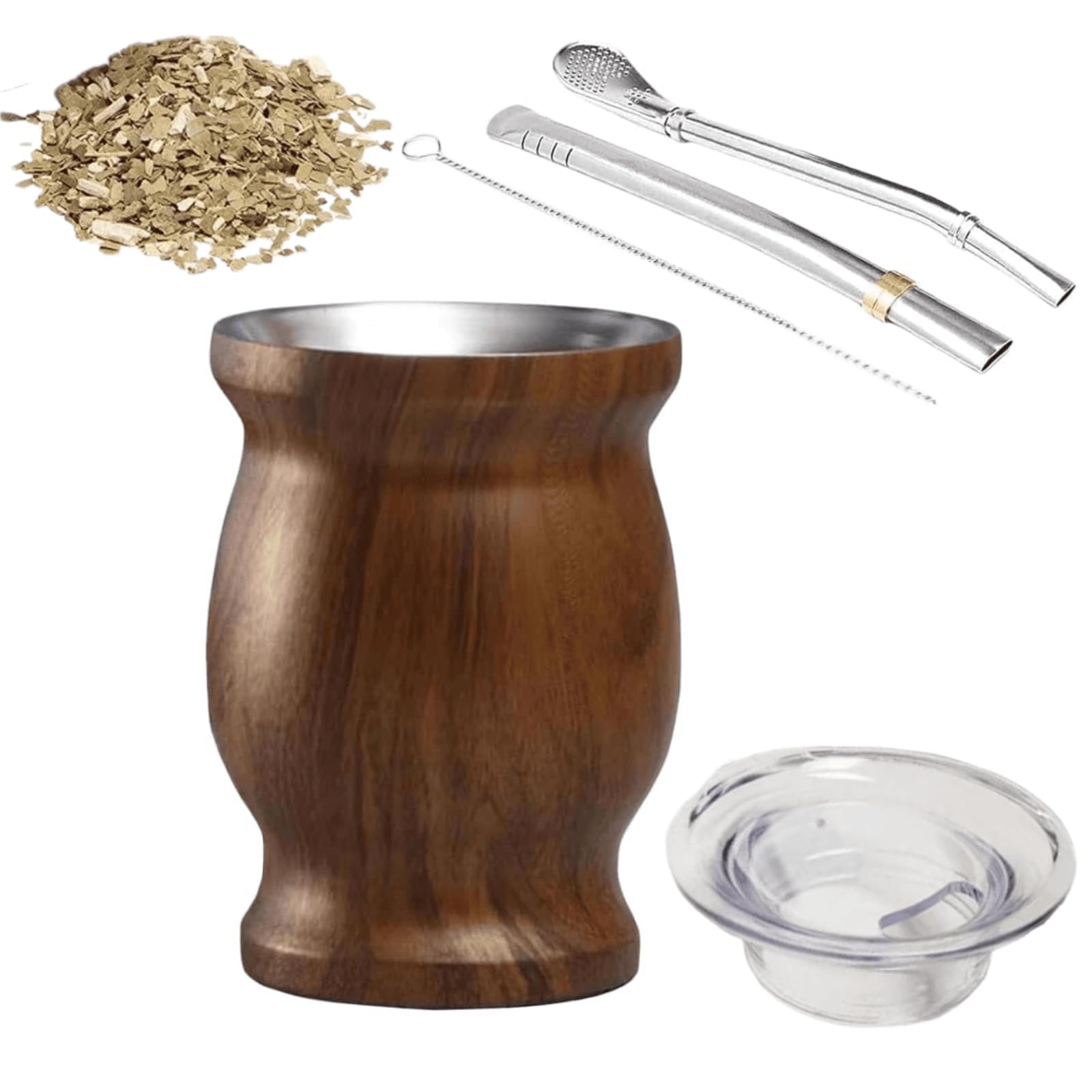 【マテ茶セット】マテ茶 カップ プ 茶器 マテゴード風 ステンレス内側 木目調 フタ付き 扁平ボンビージャ（ストロー） 茶さじ＆洗浄ブラシ付お手入れ簡単 部屋 オフィス 木目調 ギフト 240ml（8oz）2個セット