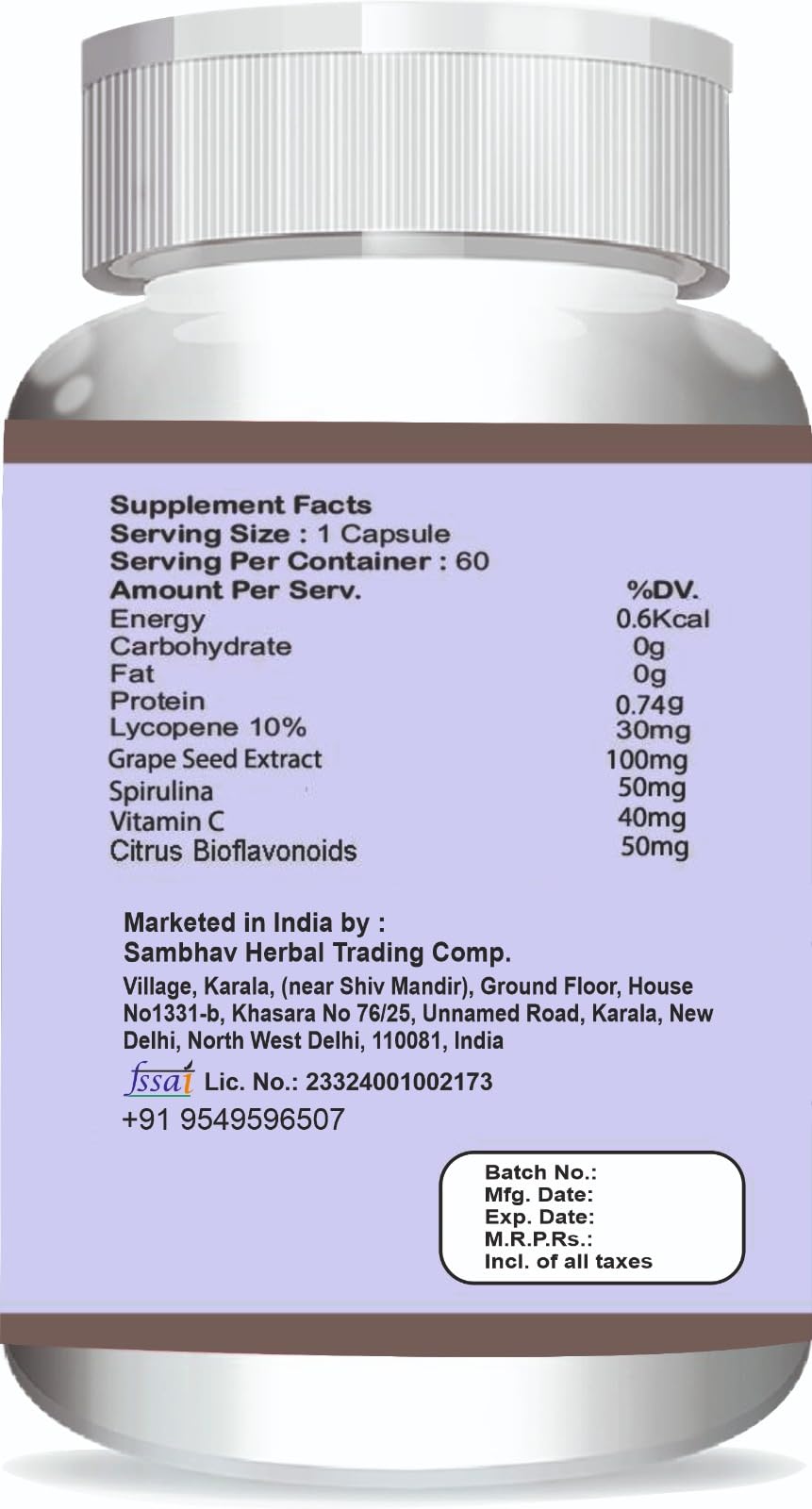 Sambhav Herbal Lycopene 30 mg β Antioxidant for Heart & General Health, 60 Capsules | Herbal Wellness Support 1
