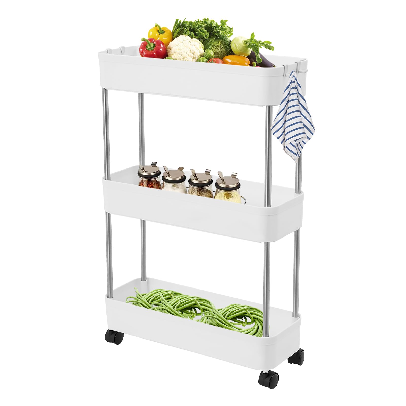 Scaffale per nicchia, 15 cm, 3 ripiani, carrello per nicchia, armadio da cucina bianco con ruote