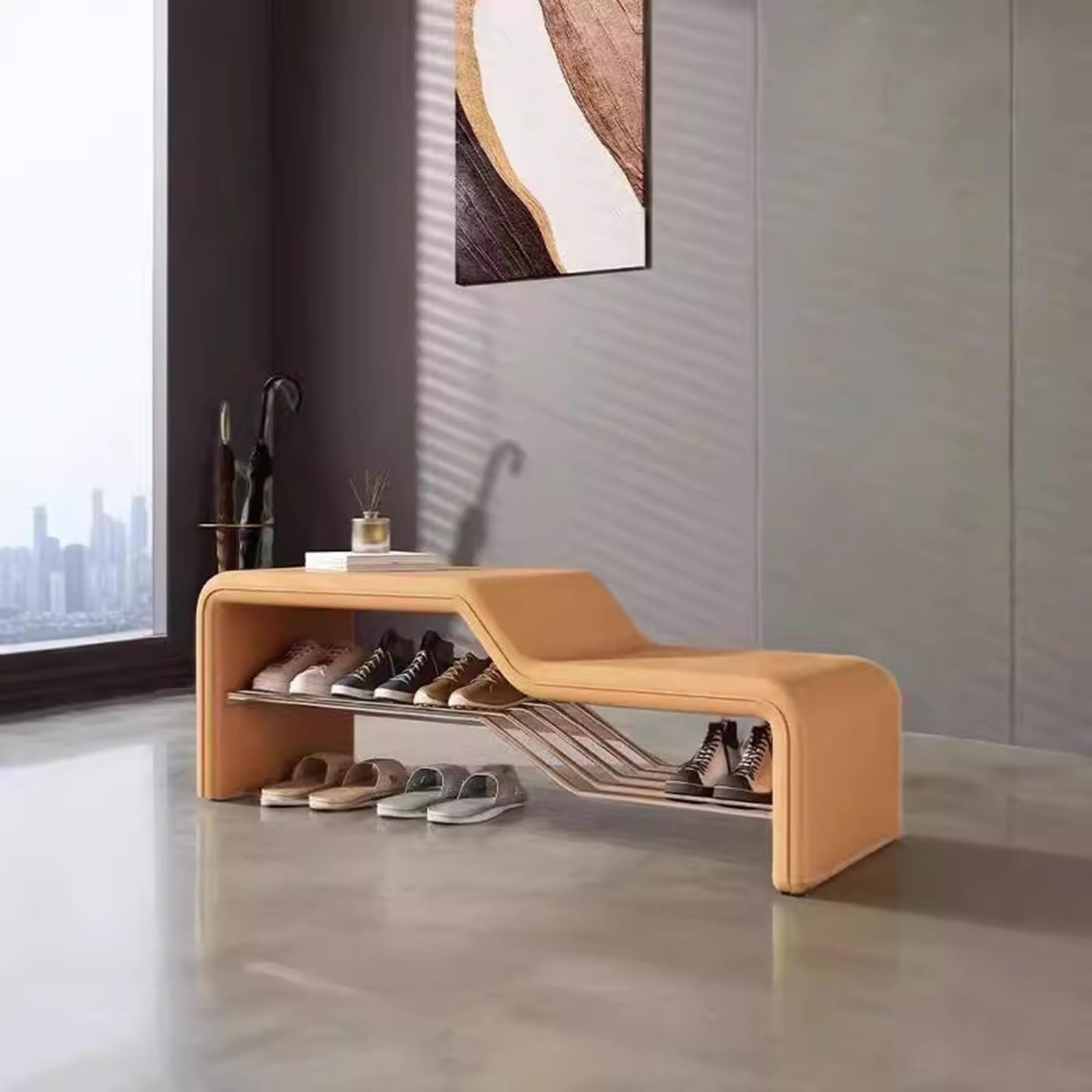 SXZenSpace Shoe Bench Entryway End of Bed Ottoman Storage Modern Upholstered Changing Stool for Living Room Bedroom Hallway Window Corne(Orange,80 * 35 40cm)