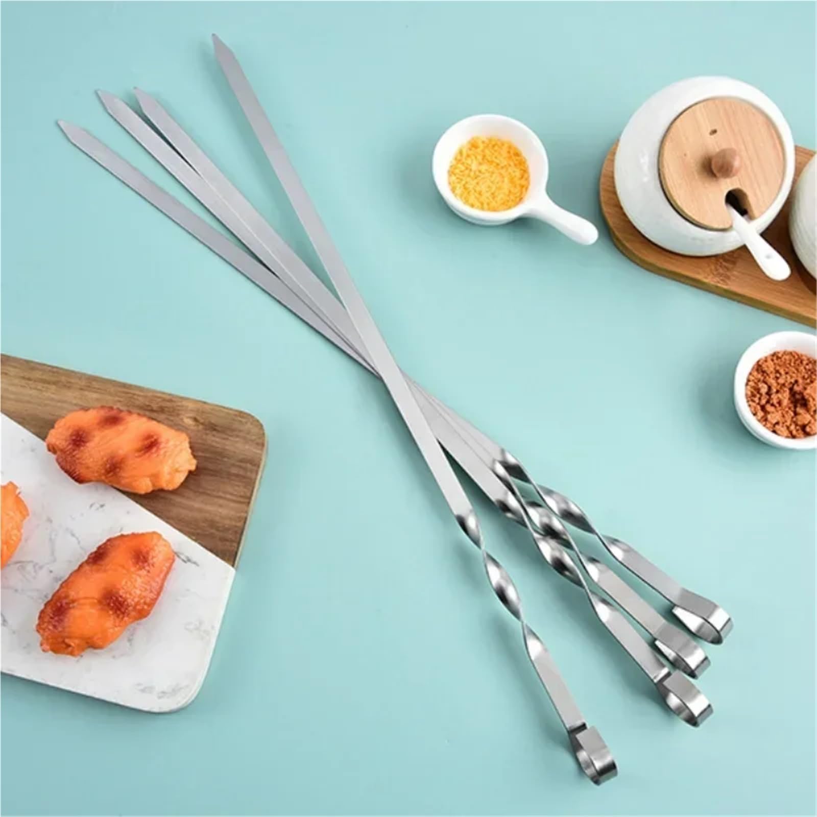 Brochetas Pinchos for barbacoa de 55 cm con mango largo, palillos for barbacoa, tenedor de madera, acero inoxidable, bolsas de agujas for exteriores.(A 6pcs-55CM)