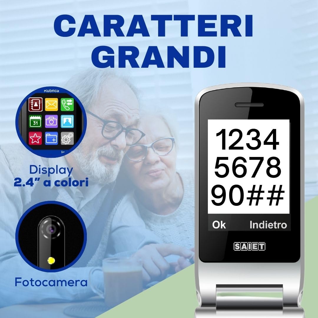 SAIET Prime GPS Telefono 4G Per Anziani – Tasto SOS, Localizzazione GPS, Doppio Display, Torcia, Base Ricarica, Audio Potenziato