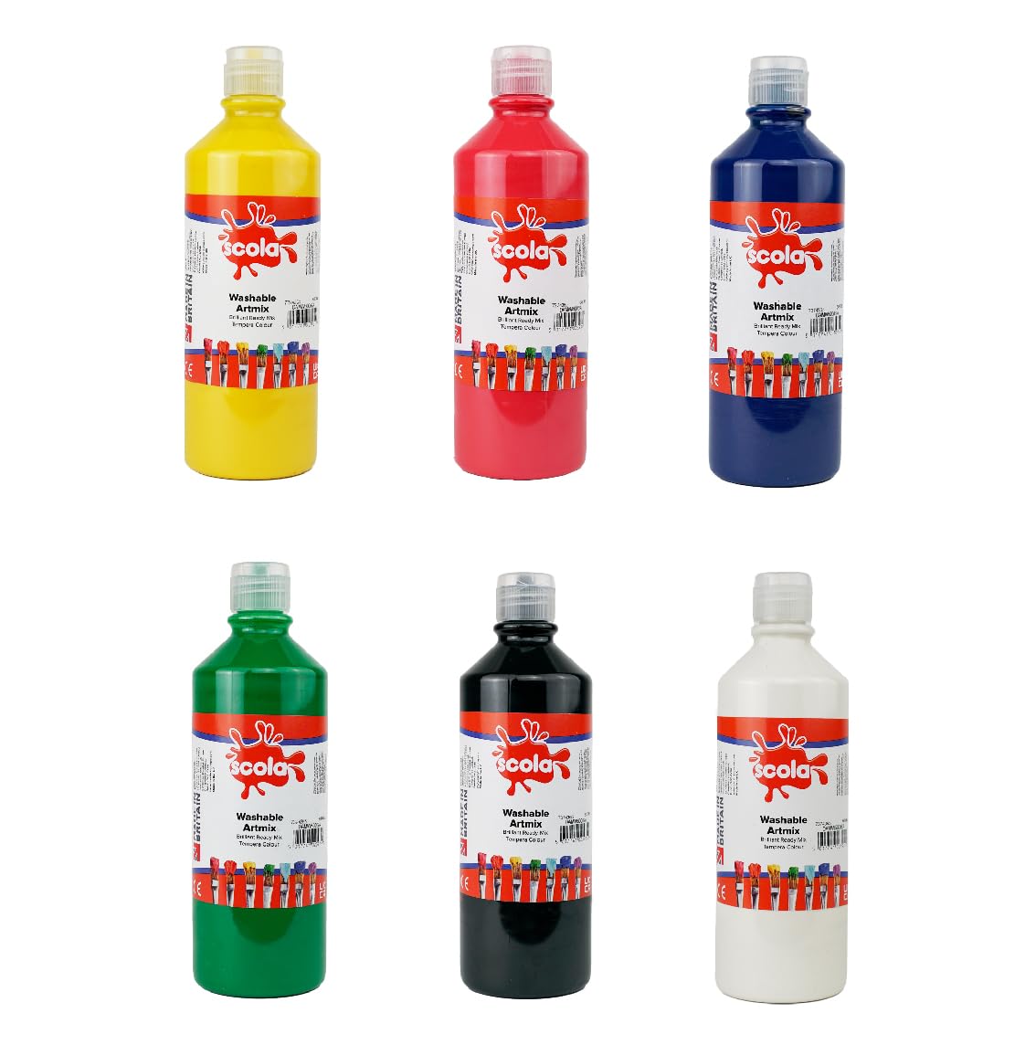 Scola Readymix Water Based Washable Tempera Paint, 6 Assorted Bright Colours, 600ml Bottles, Safe Non-Toxic Poster Paints, Craft Projects, Suitable for 3+
