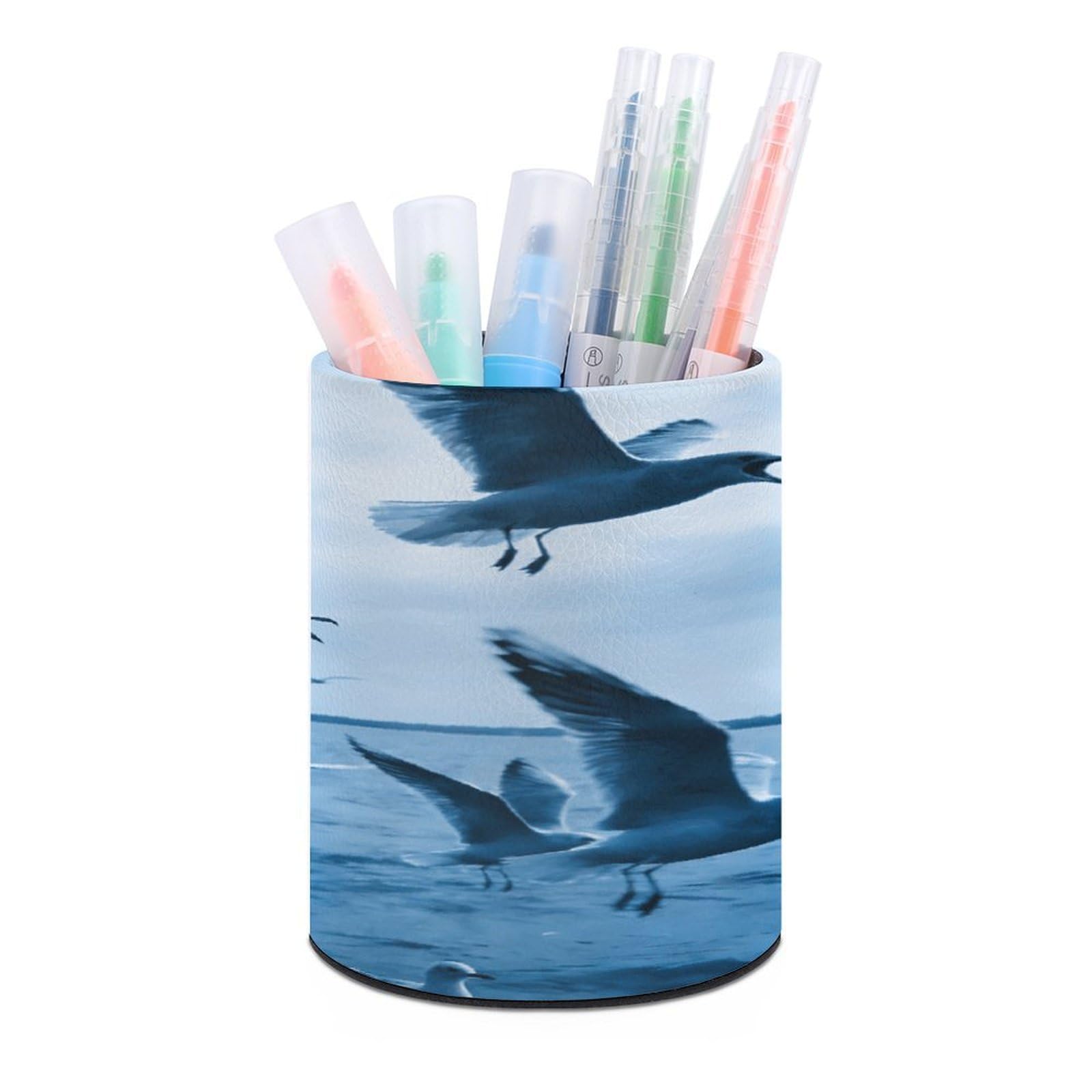 Flocks of Seagulls Follow The Wind. Pen Holder for Desktop Organizer Storage Case Modern Minimalist Pen Cup Round Pencil Holder PU Leather Pencil Cup Multi-Functional Office Supplies for Home