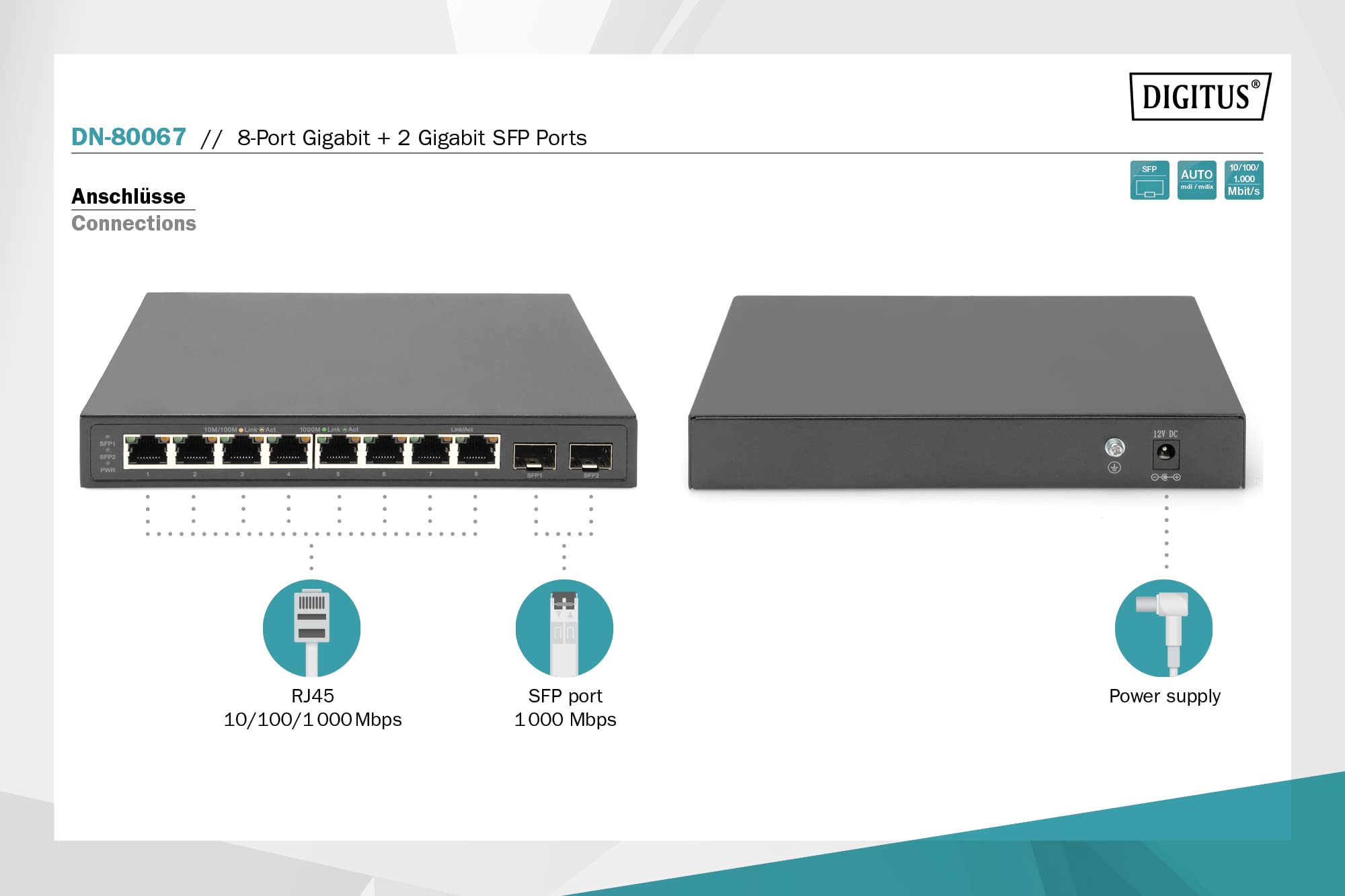 Commutateur Réseau Gigabit DIGITUS 16 Ports - Non Administré - 32Gbps Backbone - Pour Rack 10 Pouces