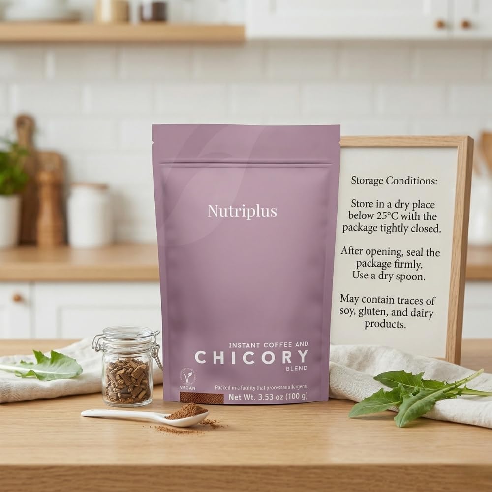 Nutriplus Cykoria, mieszanka kawy rozpuszczalnej i cykorii. Korzenie cykorii zmielone na sproszkowane zapewniają wsparcie inuliny, znaczna ilość błonnika prebiotycznego dla metabolizmu, poprawy układu pokarmowego.