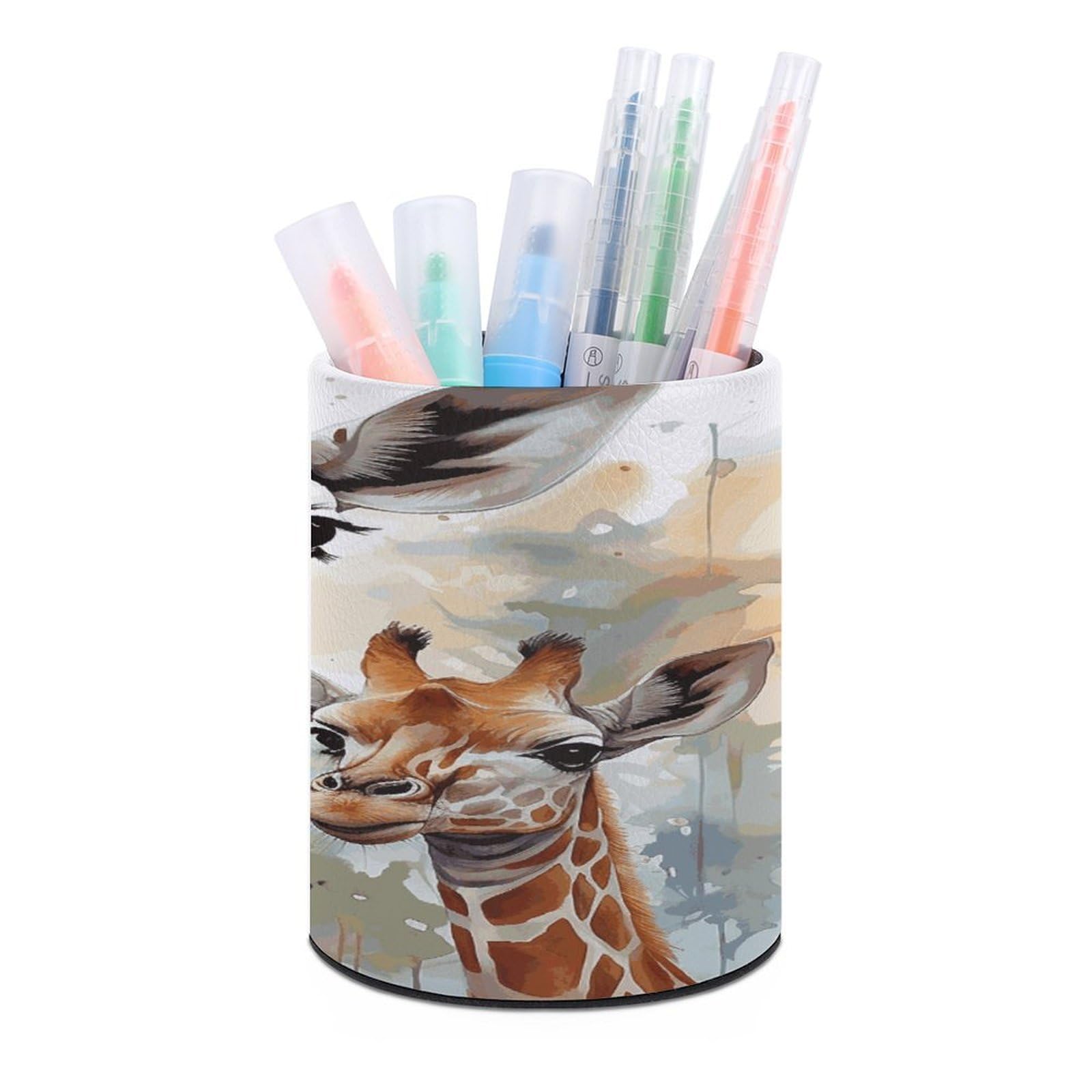 VstaDank Watercolor Deer Giraffe Pen Holder Round Pencil Holder Cup Pen Container PU Leather Desk Organizer Stand Decorative Brush Scissor Holder Decoration Office Desk Home (3.1 x 3.9 inch)
