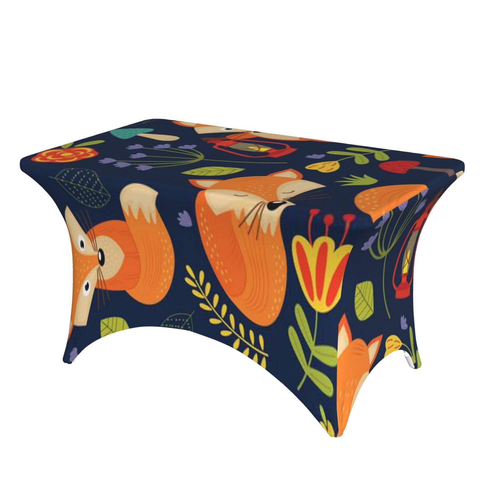 Dcehgew Cute Animal Fox Flower-R19005 4Ft Spandex Rectangular Table Cloth, Printed Fitted Elastic Tablecloths Washable Table Cover For Event, Wedding, Banquet & Party