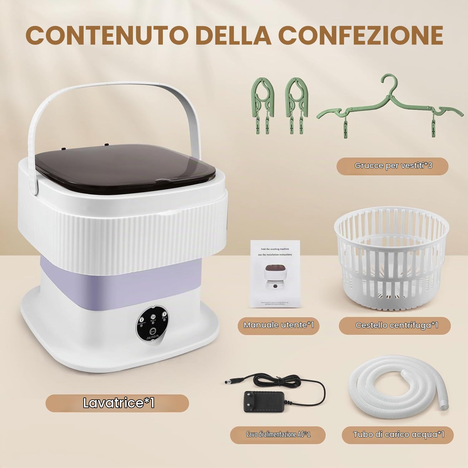 Mini lavatrice, lavatrice pieghevole da 11 litri con funzione centrifuga, lavatrice da viaggio portatile, lavatrice da campeggio mobile per viaggi, studenti, camper (Viola)