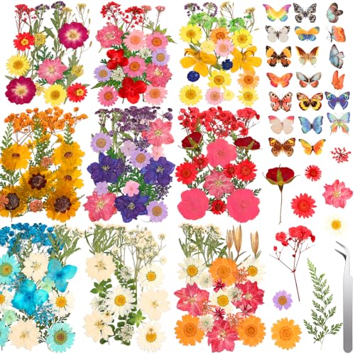 Image of 235 Pcs Pressed Dried Flowers for Resin, Natural Real Dried Pressed Flowers for Crafts, Bulk Dry Flowers for Resin Molds, Candles, DIY Art Jewelry Making with Tweezers Butterfly Stickers Set Decorate
