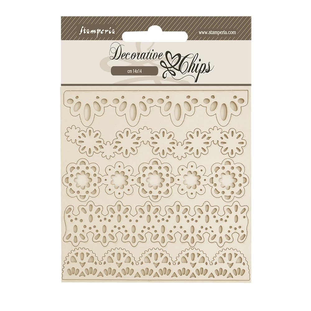 Stamperia - Decorative Chips for Scrapbooks, Albums, Cards, Bullet Journals and More, Laser Cut Cardboard Shapes, Easy to Glue, Perfect for Hobbies, Crafts, and Gifting (Old Lace, Lace Borders)