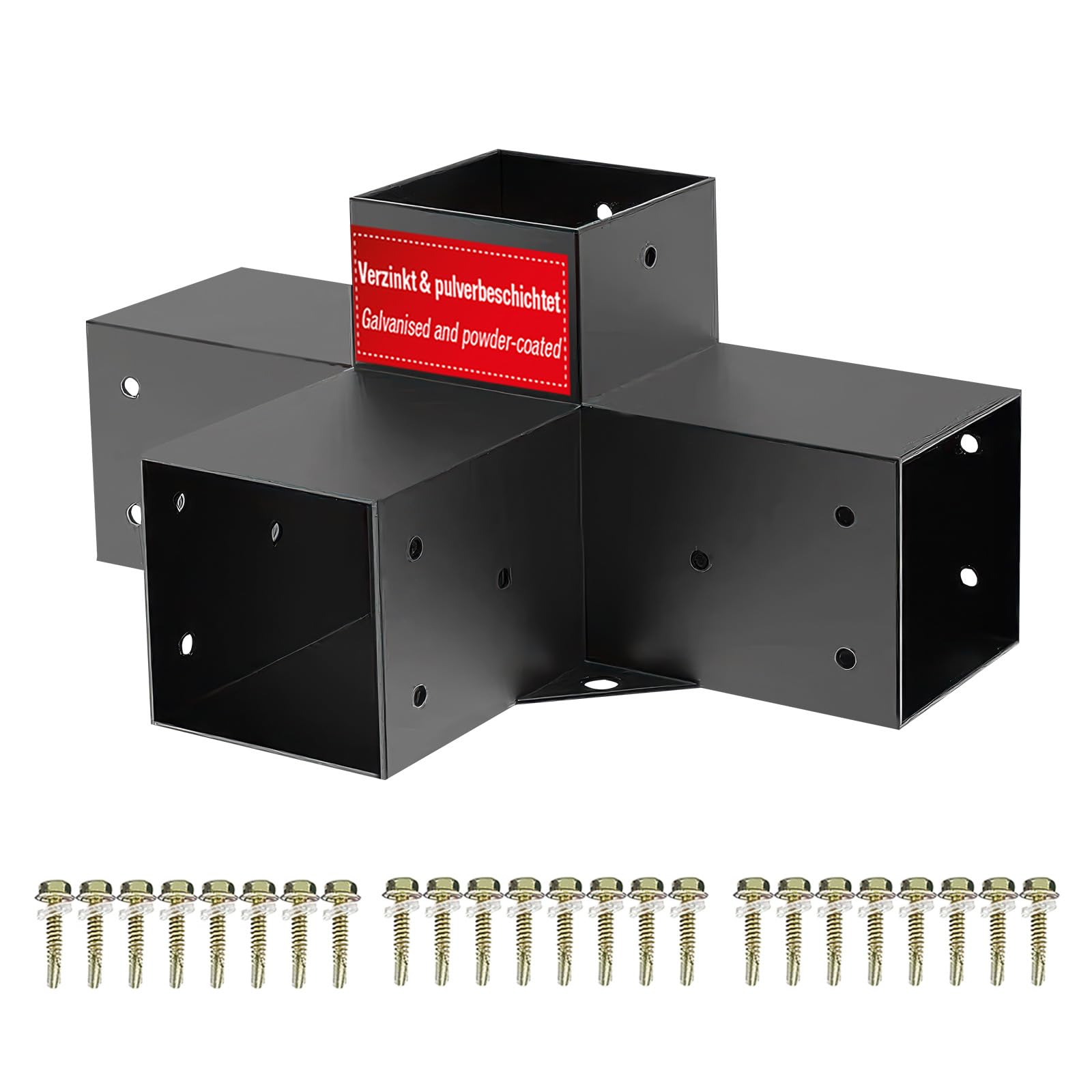 SOTECH Mittelverbinder 90 x 90 mm (4-Wege-Verbinder) vierkant Stahl verzinkt und schwarz pulverbeschichtet für höchsten Korrosionsschutz, Mittelverlängerung für Aluminium und Holzkonstruktionen