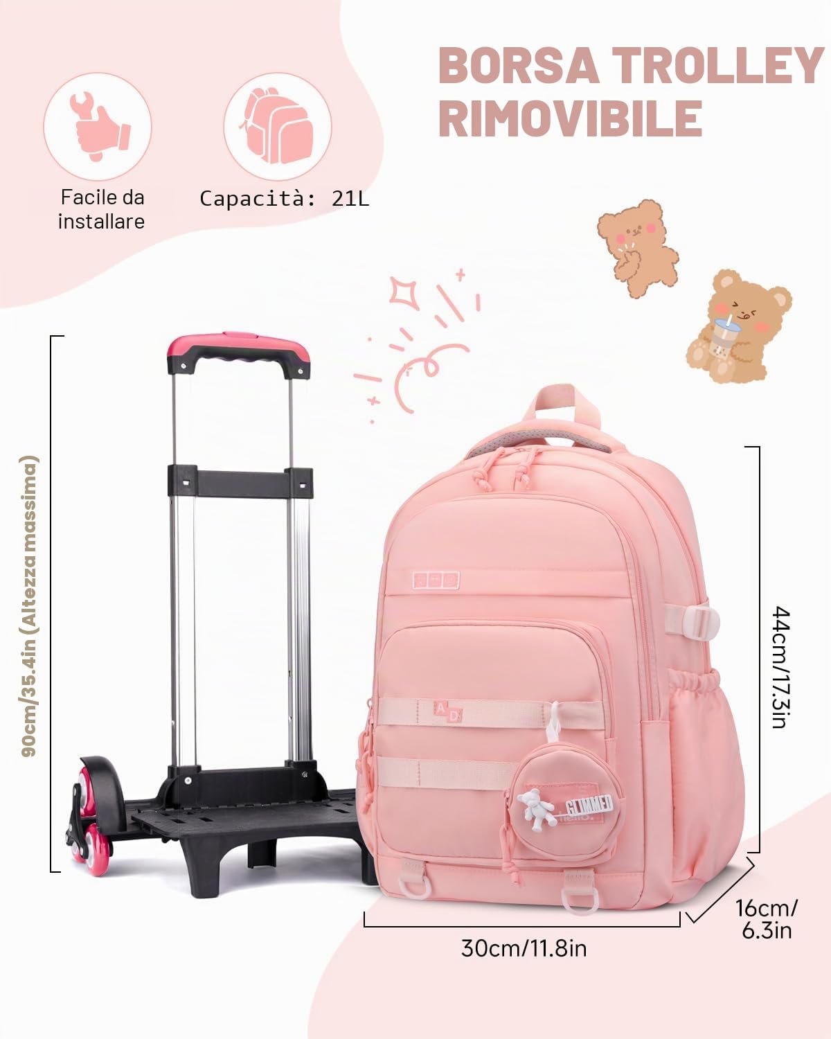 Amythe Zaino Trolley per Ragazza 9-16 Anni, Zaino Bambina Scuola Elementare con Carrello Rimovibile 6 Ruote, 21L Zaini Elementari con Rotelle per Bambine, Rosa