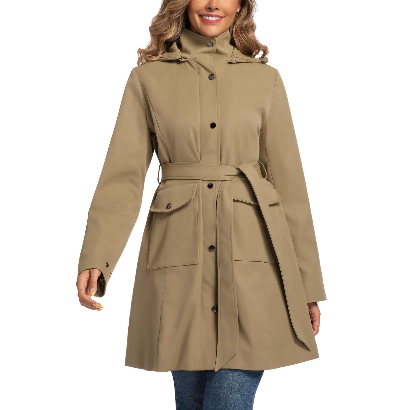 Womens Trench Coat Waterproof Rain Jacket Rain-blocking Brim Detachable Hood Raincoat with Belt Outdoor Travel