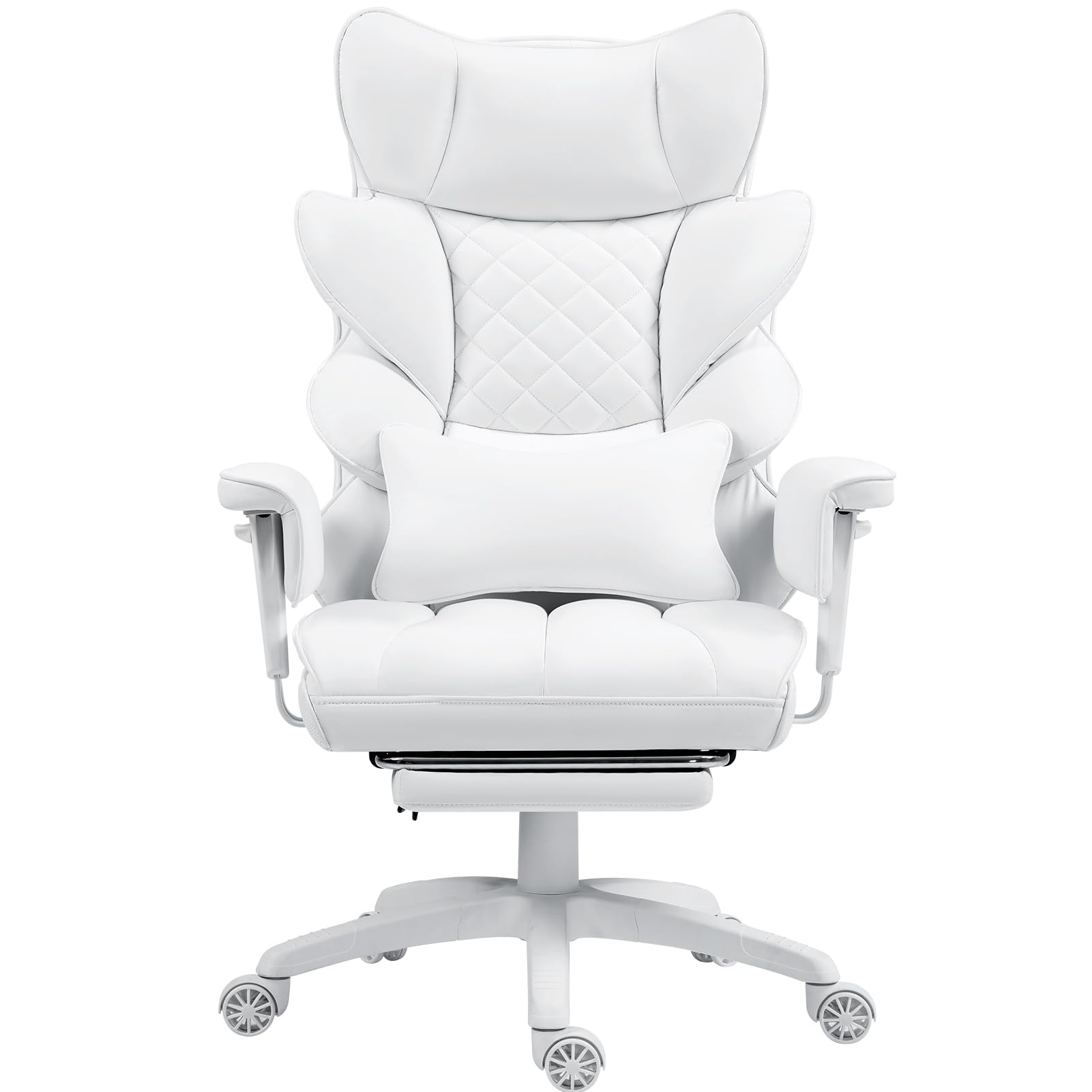 Dowinx Big and Tall Office Chair with Pocket Spring Cushion and Lumbar Support,High Back Computer Gaming Chair with Adjustable Armrests,Executive Desk Chair with Footrest,(PU Leather, White)