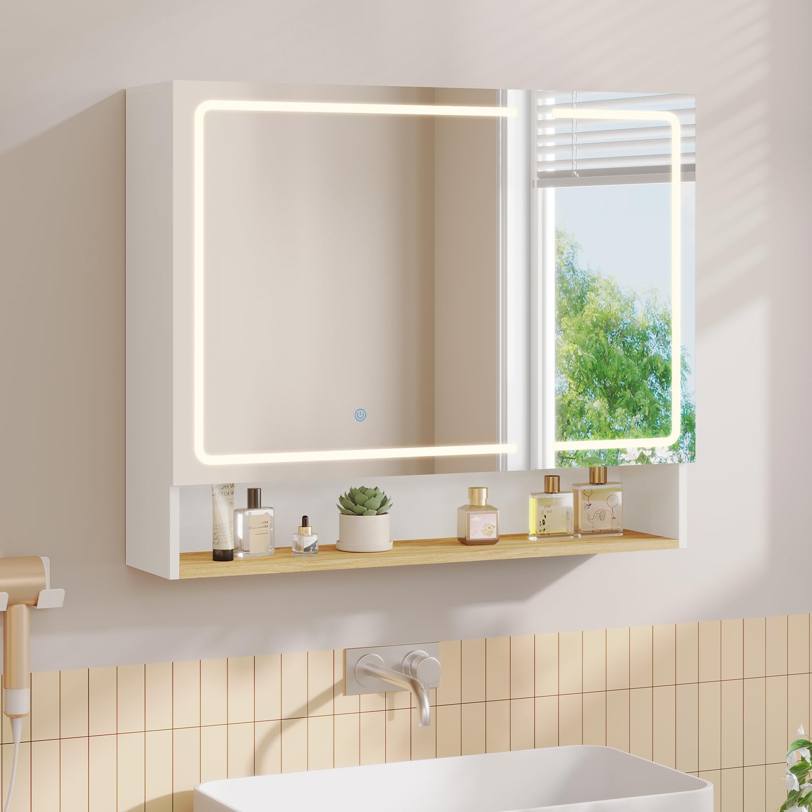 Specchio Bagno Contenitore 80x16x65 cm con Luce LED e Presa Elettrica, Specchiera Bagno con Ripiani Regolabili, Mobile Bagno con Specchio, 3 Temperature di Colore, Comandi Touch, HD, Bianco