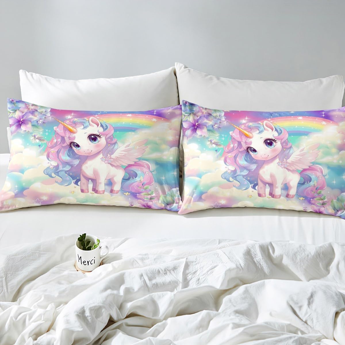 Lovely Unicorn Bed Sheet Queen Size Rainbow Flowers Sheets Sets Adults Bedroom Decor Colorful Sky Microfiber Bedding Set with Flat,Fitted Sheet,2 Pillow Cases