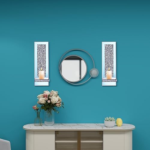 Miniatura 3 de Apliques de Vela de Diamante de Cristal Espejado, Juego de 2 Portavelas de Pared Plateados, Decoraciones de Pared para Sala de Estar, Comedor