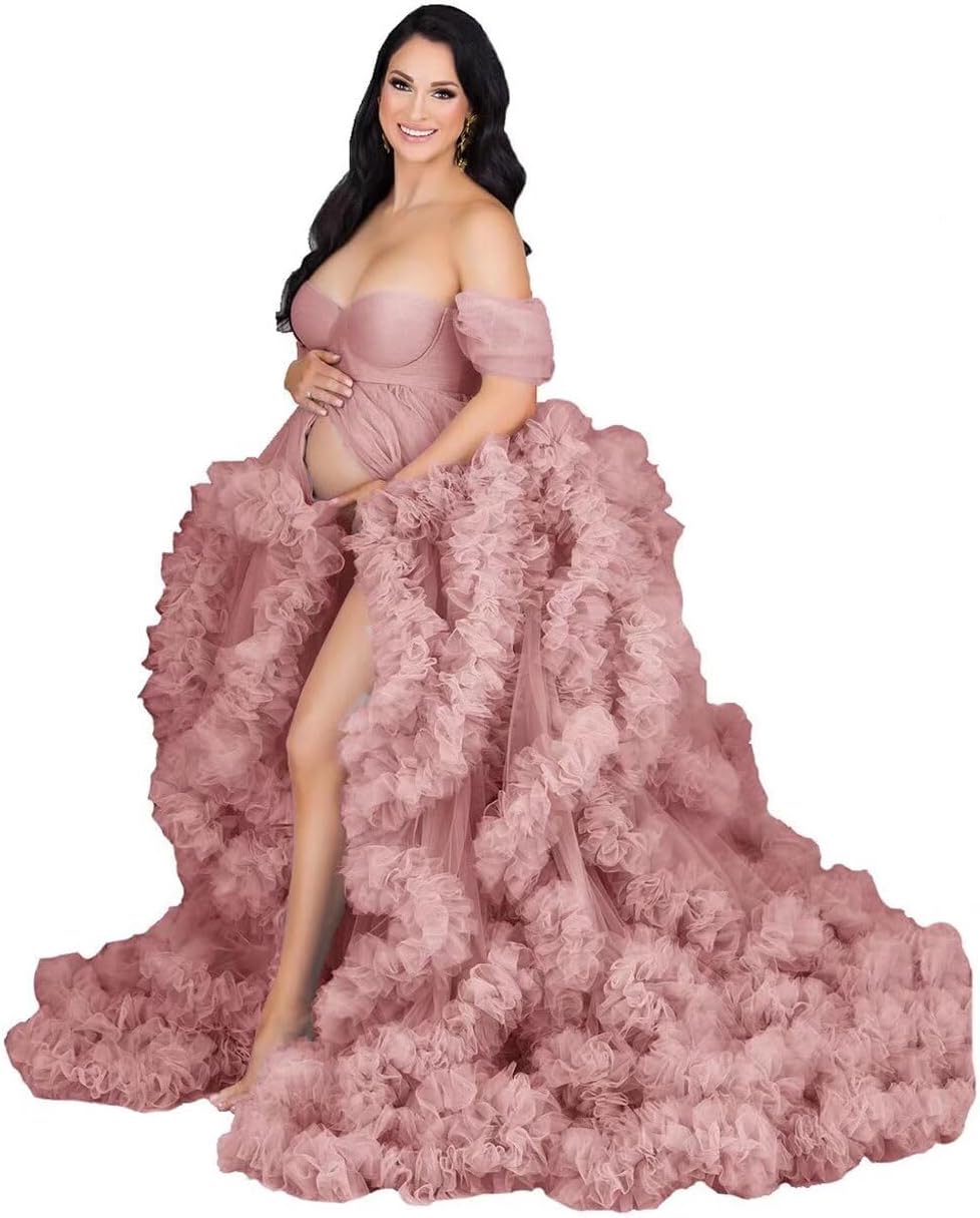 Changuan Tulle Maternity Gown for Photoshoot Ruffled Off Shoulder Babyshower Bridal Lingerie Pregnancy Dress Bathgown