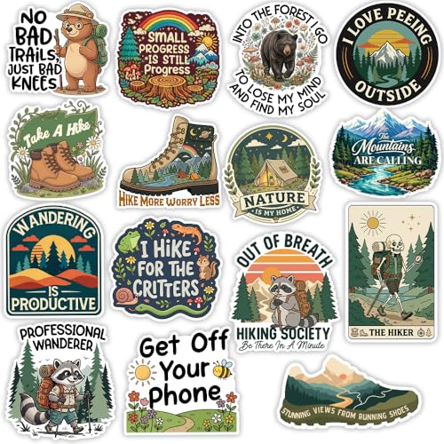Image of MAIANEY (15Pcs, 3in) Funny Hiking Stickers Pack with Mountain Nature Animals, Outdoor Adventure Quote Vinyl Decals for Water Bottle Laptop Camping Gear, Bear Raccoon Trail Hiker Stickers