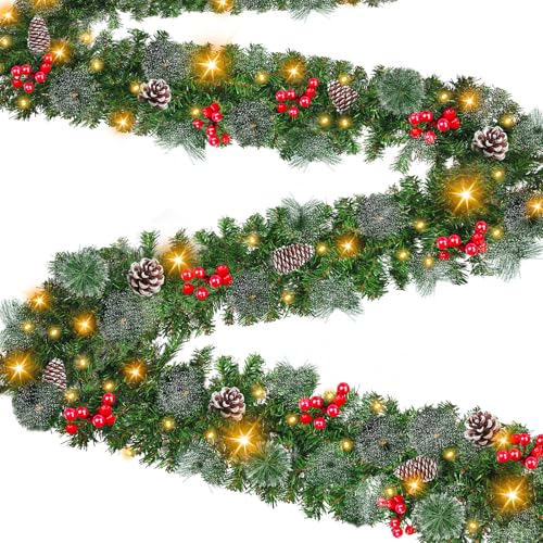 Timer - 9Ft by 10 Inch Prelit Christmas Garland Decorations with 50 Warm White LED Battery Operated Lighted Garland, Real Touch Cedar Garland 200 Tips 20 Canyon Pine Berry Pinecone,Xmas Outdoor Indoor