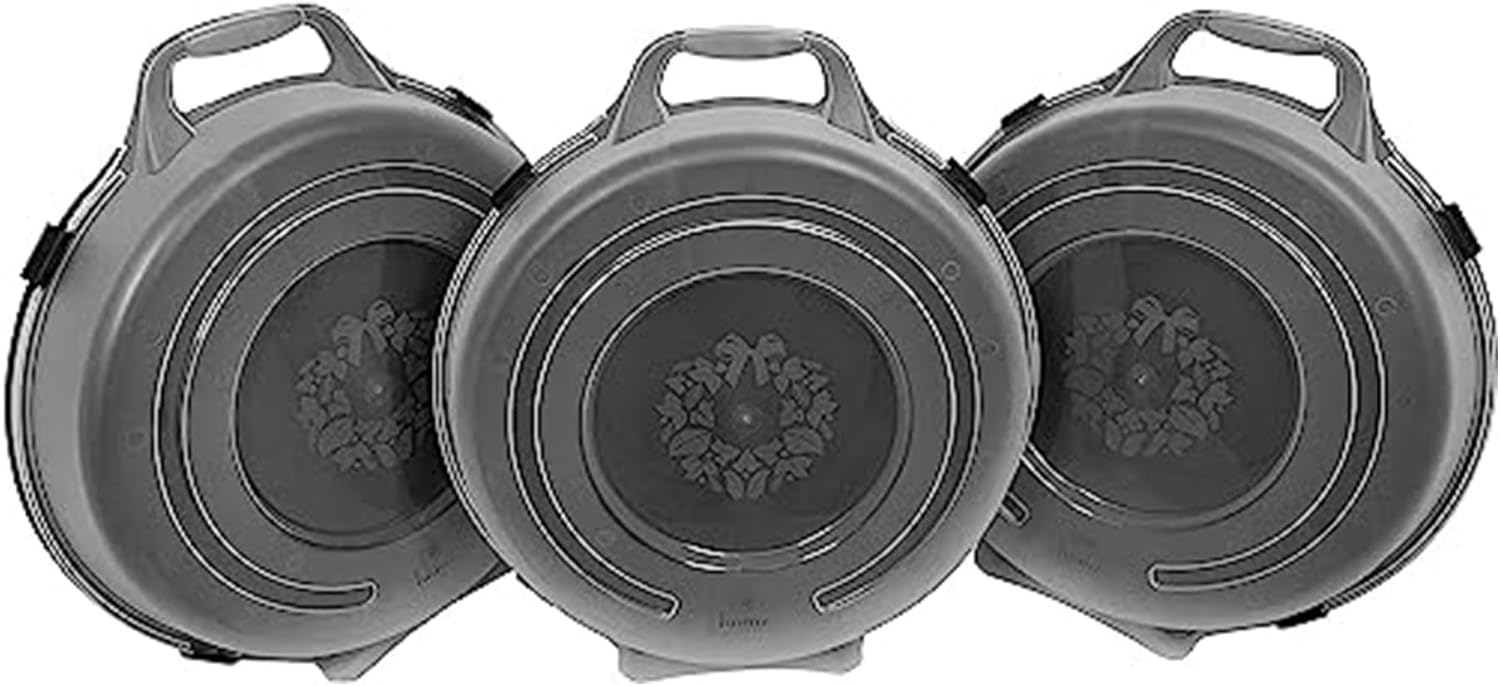 HOMZ Set of 3 Holiday Wreath Plastic Storage Containers, Holds Up to 24” Diameter, Secure Latching Lid and Easy Grip Handle, Stackable and Nestable, Black/Clear