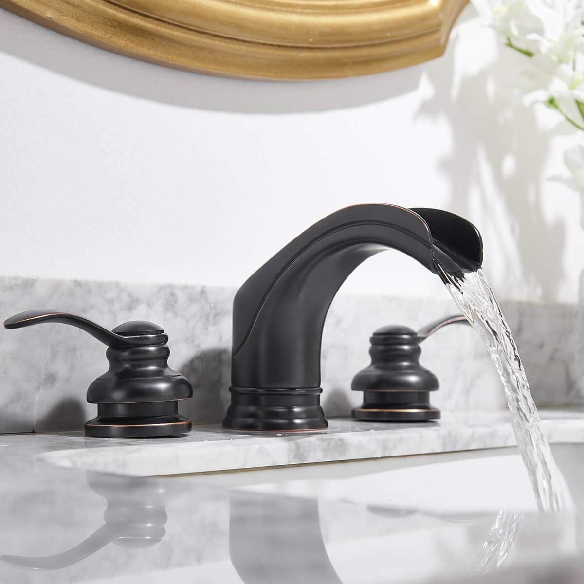 Review Discount Widespread Bathroom Faucet Oil Rubbed Bronze Vanity Bath Waterfall 3 Hole Black Farmhouse Sink 2 Handles Basin 8-16 Inch Modern Commercial Mixer Tap Curved Spout Supply Lines Lead-Free by Homevacious