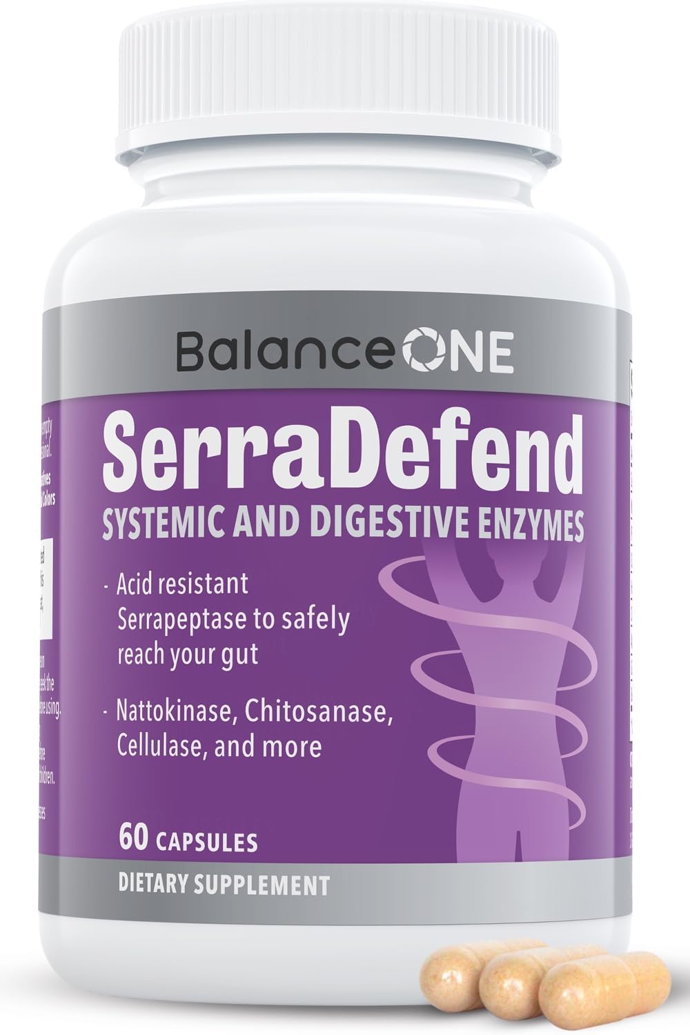 Balance ONE SerraDefend Biofilm Defense, Digestion - Systemic and Digestive Enzymes - Serrapeptase, Nattokinase, Protease, Cellulase - 60 Capsules, 2 Month Supply | Biofilm Buster, Biofilm Defense, Serrapeptase Supplement, Biofilm Dissolving Enzymes, Proteolytic Enzymes, 2-Month Supply