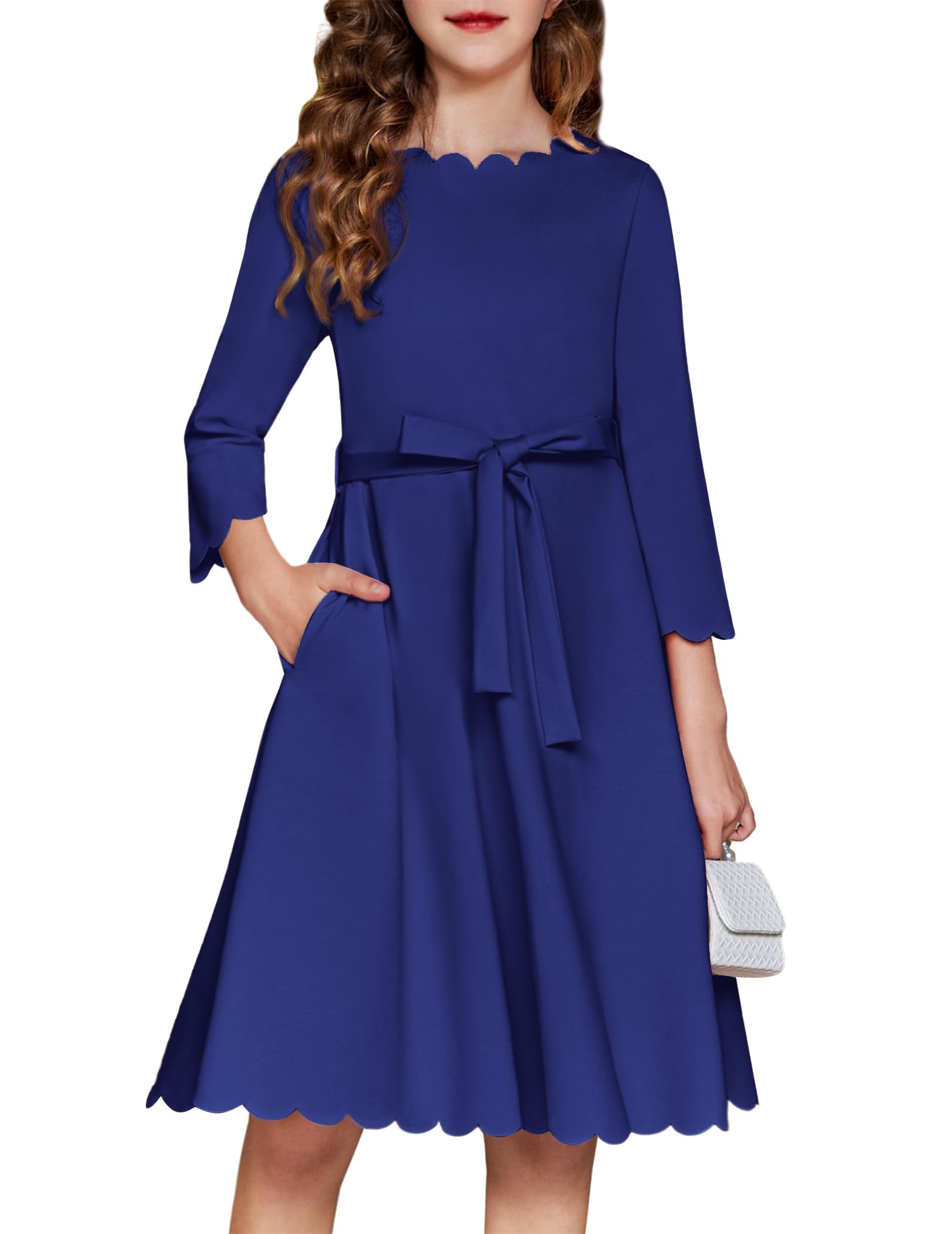 Arshiner Dziewczęca sukienka na imprezę, sukienka jesienna, scallop trim belted A-line formalna sukienka z długim rękawem, odświętna sukienka midi z kieszeniami, dla dzieci w wieku 6-15 lat