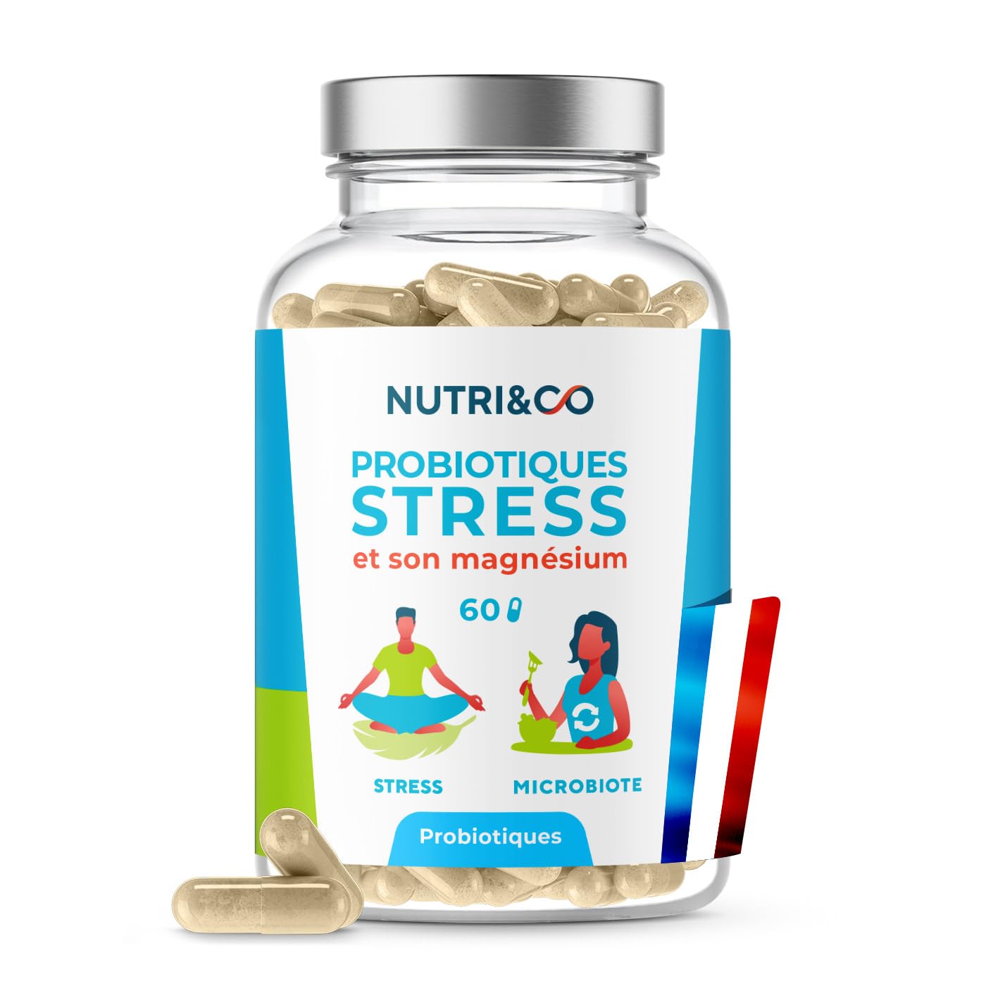 NUTRI & CO Probiotique Anti-​Stress - Lactobacillus Reuteri Brevetée SynbAEctive® KeepCalm + Magnésium Bisglycinate - Anxiété Angoisse Équilibre Flore Intestinale - 60 gélules Vegan Fabriqué en France