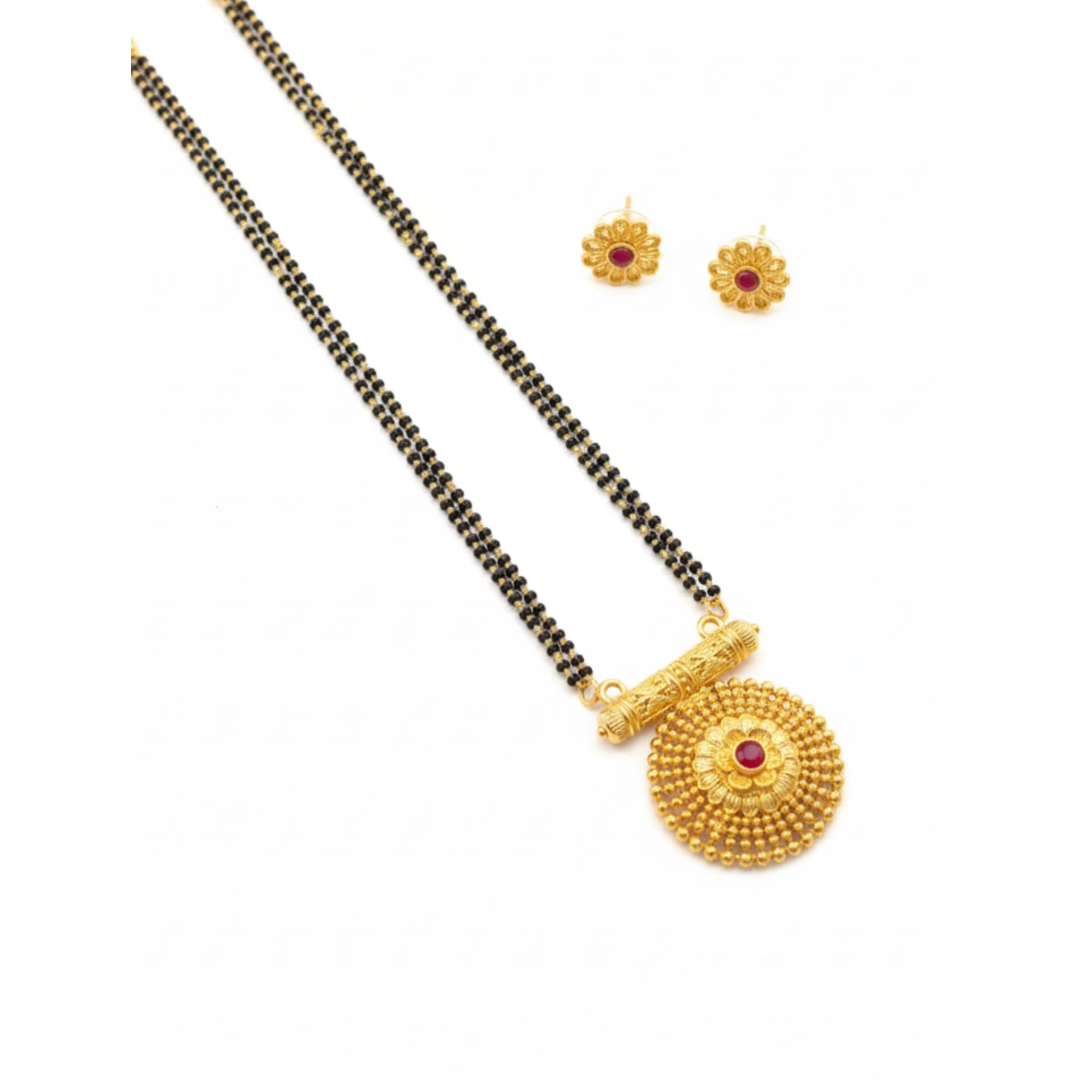 Traditional Maharashtrian Mangalsutra with Round Pendant & Earrings | Gold Plated Black Bead Long Chain | Micropolish Mangal sutra Design Jewelry for Women & Girls-image-40