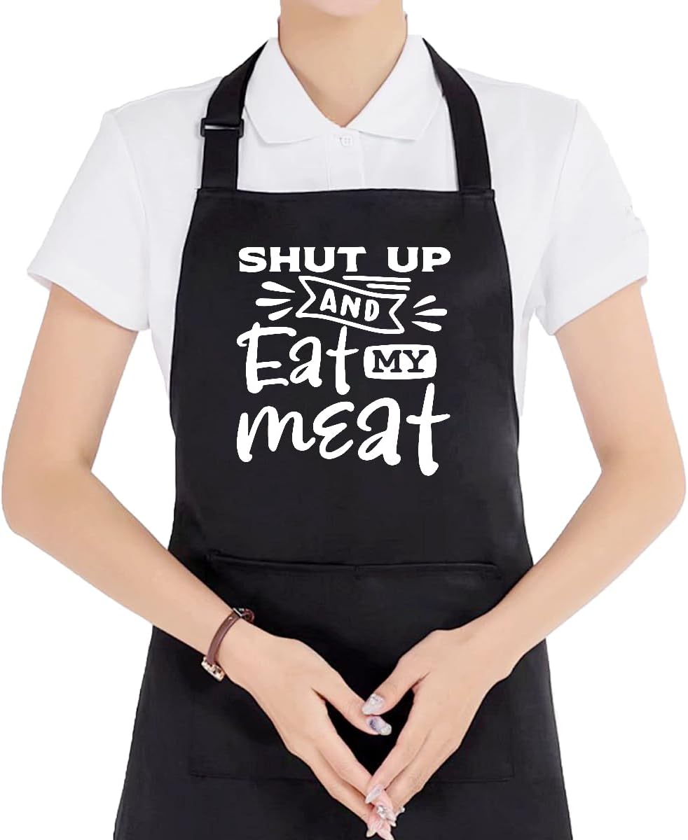 Funny BBQ Grilling Aprons for Men with 2 Pockets - Shut Up and Eat My Meat, Waterproof Adjustable Bib Apron for Grilling Grill BBQ Cooking Kitchen Dishwashing, Black