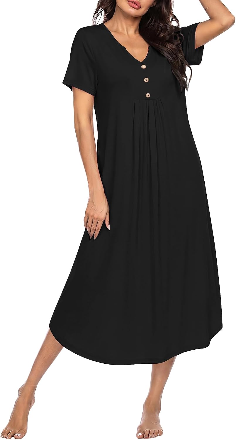Ekouaer Nightgowns for Women Bamboo Viscose Long Night Gown Short Sleeve Moo Moos V Neck Sleep Shirts Pleated House Dress