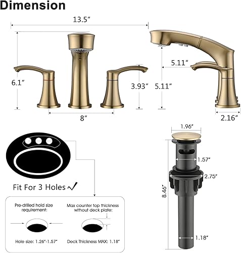 Miniatura 7 de Besfelos Grifo de baño con rociador extraíble, juego central de 4 pulgadas, grifo de fregadero de 3 agujeros, grifo extraíble de 2 manijas para