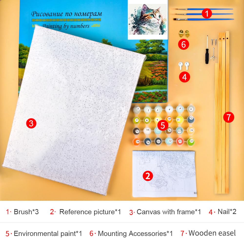TISHIRON Pittura fai da te di gatto con i numeri per adulti e principianti, con pennelli e pigmenti acrilici, animali, kit di pittura con numeri per adulti su tela, pittura ad olio e artigianato per