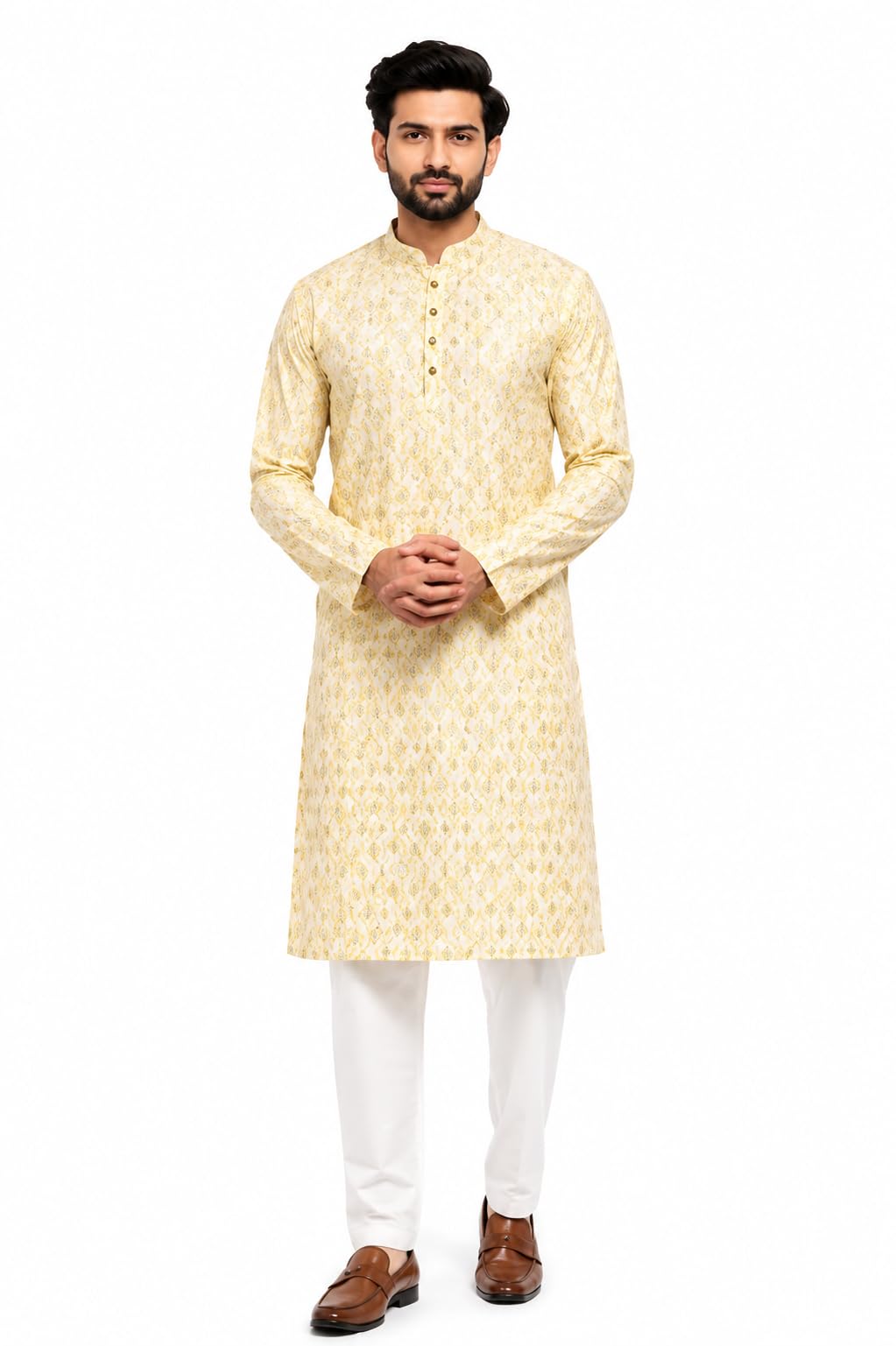 Men's Moon Yellow Printed Kurta with Pajam Set,Mandarin Collar, Full Sleeve.(M)-image-16