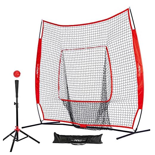 Pinty Baseball and Softball Practice Net 7'×7' Portable Hitting Batting Training Net with Carry Bag & Metal Frame + Baseball Softball Batting Tee (Baseball Net with Batting Tee(Red))