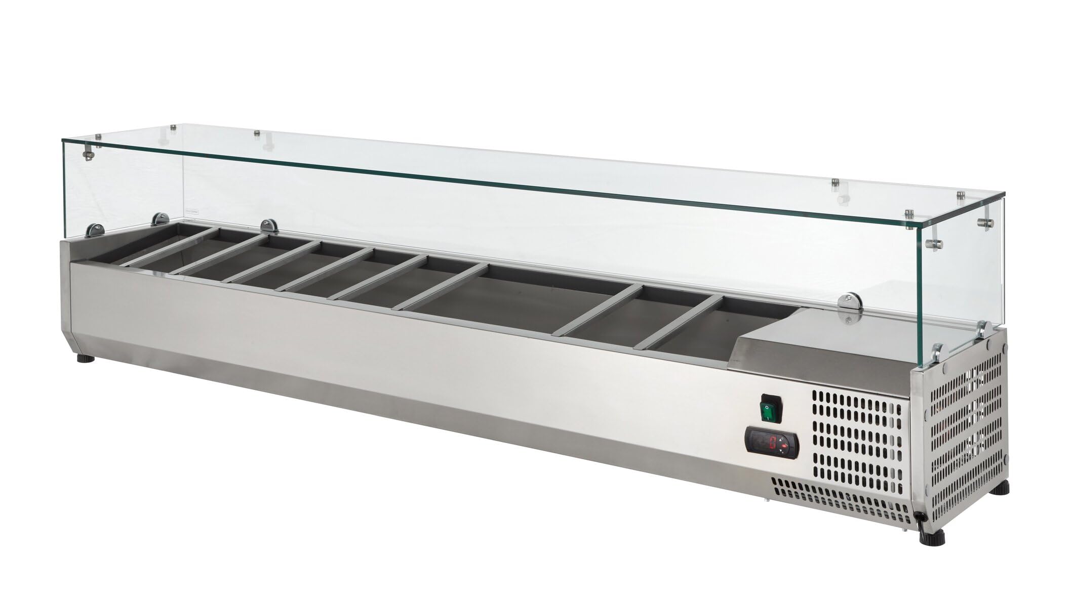 GastroHero Kühlaufsatz 8 x GN 1/4 mit Glasaufsatz, Edelstahl VRXH1600/330 | Kühlaufsatzvitrine 160 x 33 x 42 cm, digitales Thermostat, inklusive 5 Zwischenstege, mit statischer Kühlung 2 bis +8 °C