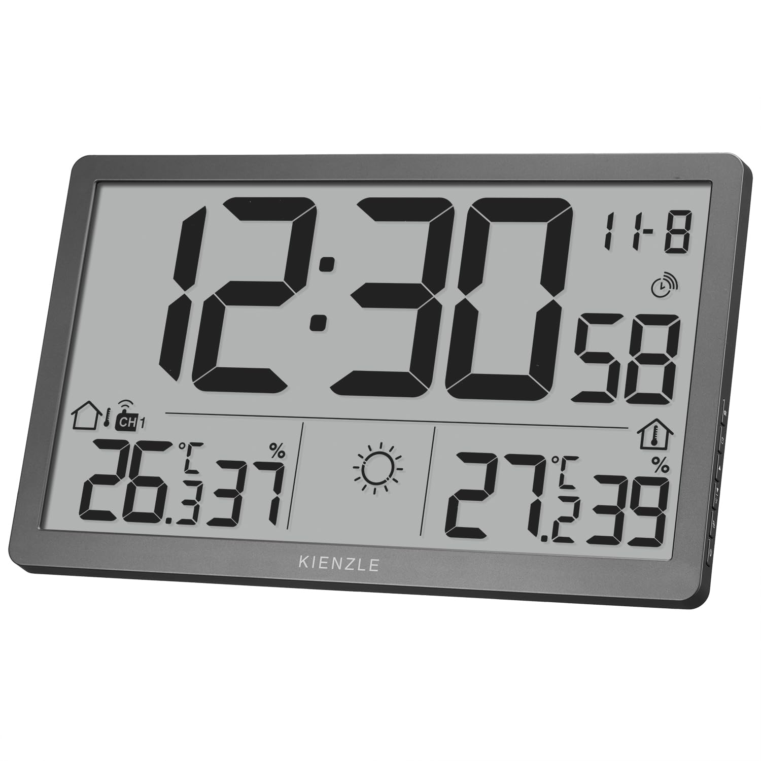 Kienzle Funk-Wetter-Wanduhr mit XL LCD Display, Außensensor, Temperatur Luftfeuchtigkeit grau